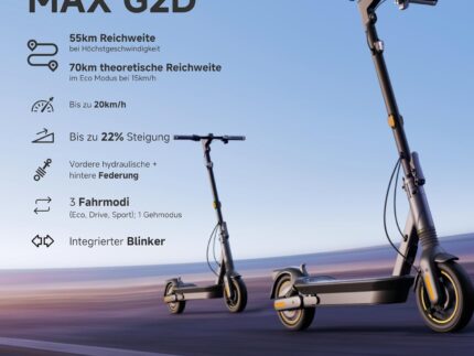 Segway-Ninebot MAX G2 D, E Scooter mit Straßenzulassung für Erwachsene, max. 20 km/h Geschwindigkeit, 70 km Reichweite, Lange Reichweite