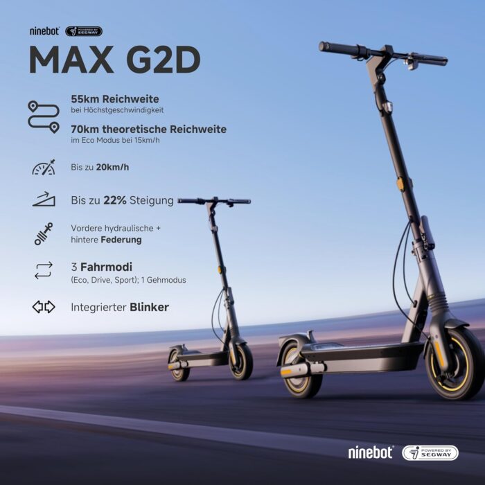 Segway-Ninebot MAX G2 D, E Scooter mit Straßenzulassung für Erwachsene, max. 20 km/h Geschwindigkeit, 70 km Reichweite, Lange Reichweite