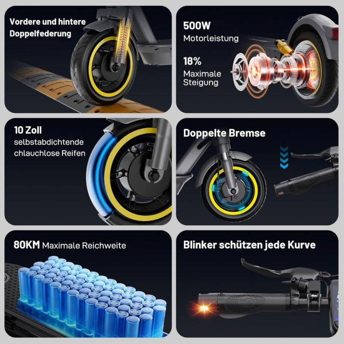 EVERCROSS EV10S MAX Elektroroller mit Straßenzulassung (ABE), Faltbarer E Scooter für Erwachsene - mit APP, 500W Motor, 80KM Reichweite, Max.20 km/h, 10" Vakuumreifen mit Gelschicht