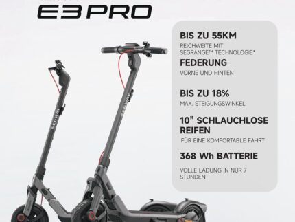 Segway-Ninebot E3 Pro D, E-Scooter Deutscher Straßenzulassung, 55 km Eco Modus Reichweite, 47km Sport Modus Reichweite, Federung vorne & hinten, 800 W Motor, faltbar, 17,9 kg, 10-Zoll Reifen, IPX5