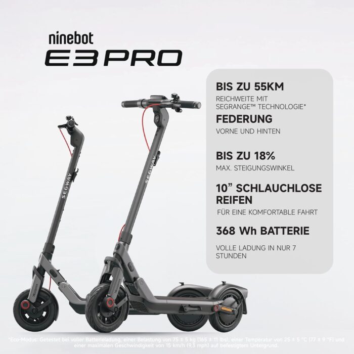 Segway-Ninebot E3 Pro D, E-Scooter Deutscher Straßenzulassung, 55 km Eco Modus Reichweite, 47km Sport Modus Reichweite, Federung vorne & hinten, 800 W Motor, faltbar, 17,9 kg, 10-Zoll Reifen, IPX5