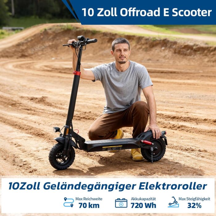E Scooter mit Straßenzulassung mit Max 70/30KM Reichweite,10/8.5 Zoll Elektroroller mit Komfortable Stoßdämpfer,Faltbarer E Roller Belastung Doppelbremse LED-Licht,APP-Verbindung
