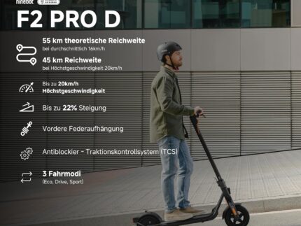 Segway-Ninebot F2 Pro D, E-Scooter mit Straßenzulassung für Erwachsene, max. 20 km/h Geschwindigkeit, 55 km Reichweite, Lange Reichweite