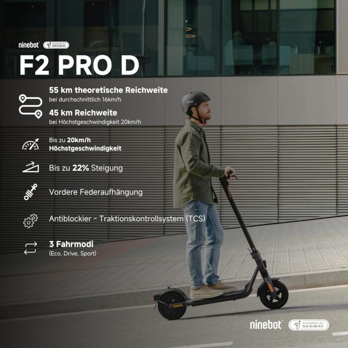 Segway-Ninebot F2 Pro D, E-Scooter mit Straßenzulassung für Erwachsene, max. 20 km/h Geschwindigkeit, 55 km Reichweite, Lange Reichweite