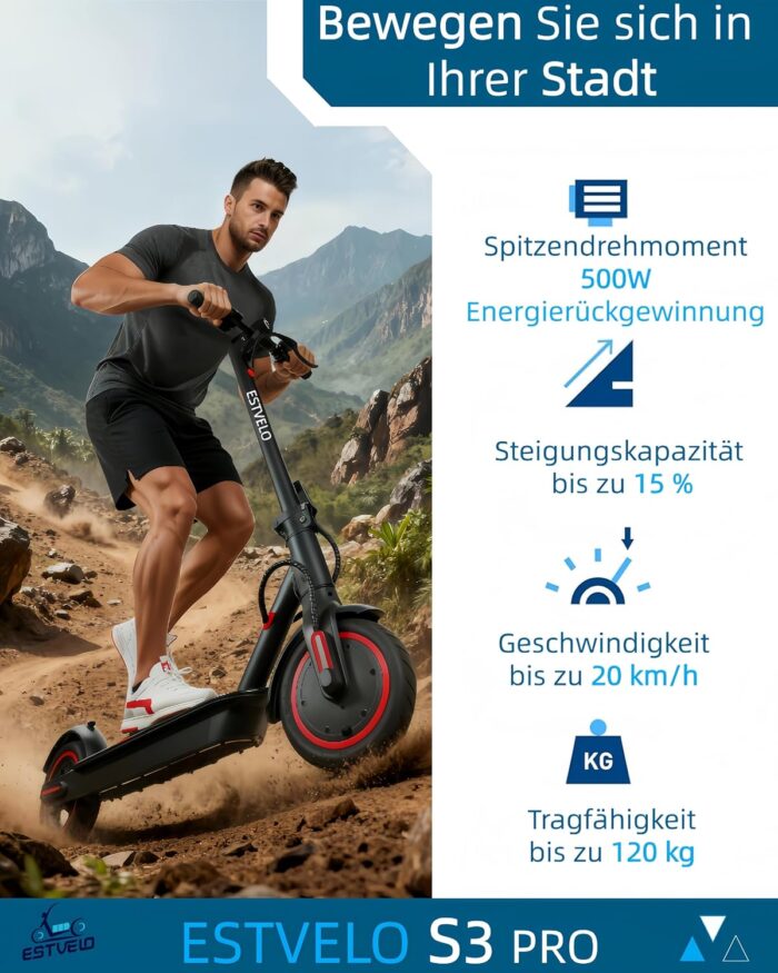 E-Scooter mit Luftreifen, S3 PRO Elektroroller 20km/h - 15% Steigung, 30km Reichweite, 120kg Belastung, Duales Bremssystem, Display, App, E Roller für Erwachsene