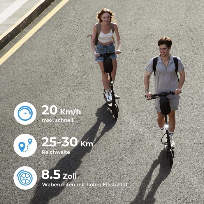 E Scooter mit Straßenzulassung, ABE Elektroroller Belastung bis 120kg, 30 km Reichweite, LED, 20km/h, 350W Motor, 8,5 Zoll Wabenreifen,Duales Bremssystem E Roller für Erwachsene